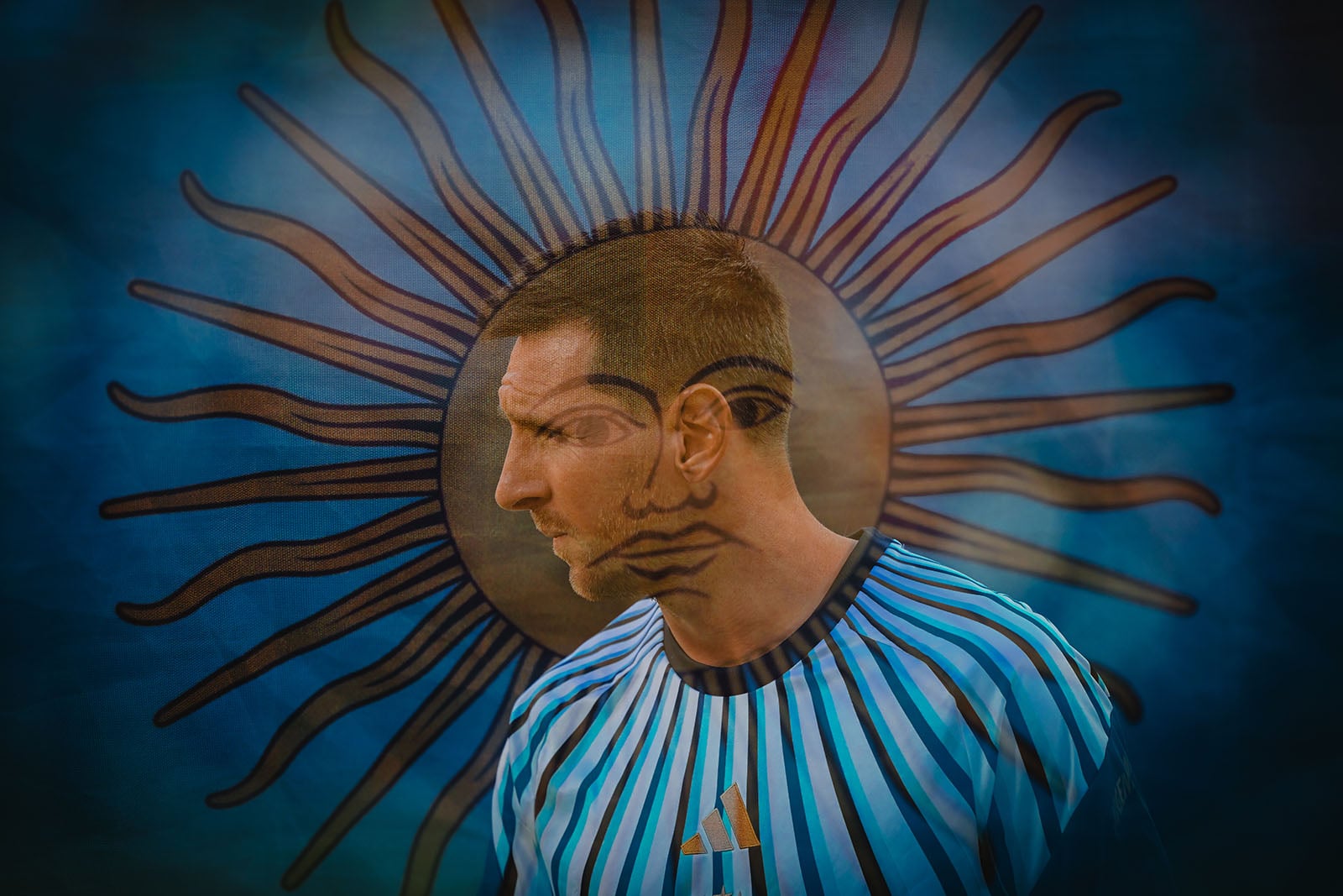 A soccer player in a blue-striped jersey is overlaid with the stylized sun from the Argentine flag, merging his face with the sun's rays and facial features.