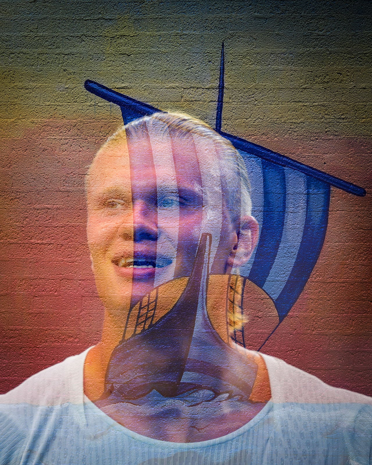 A smiling man with blonde hair is overlain with a semi-transparent image of a Viking ship with a striped sail, set against a textured background.