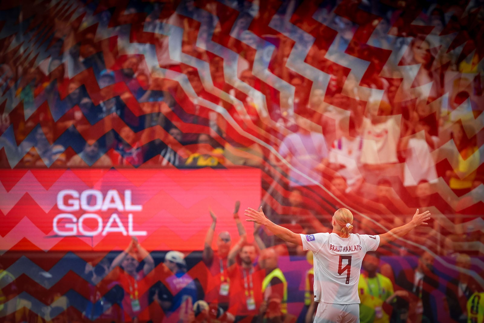 A soccer player with arms outstretched faces cheering fans. The scoreboard reads "GOAL GOAL." Red zigzag patterns overlay the image, creating a dynamic and celebratory atmosphere.