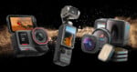 Three action cameras are shown with different lenses and filters, set against a black background with a gold dust effect. Each camera displays an adventurous outdoor scene on its screen.