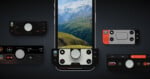 A smartphone displaying a mountain landscape is surrounded by various camera control interface designs featuring dials, buttons, and sliders for photo settings.