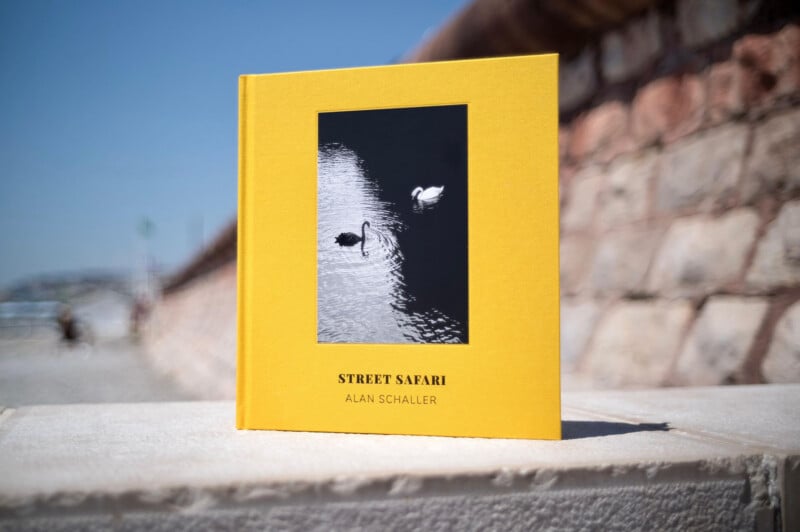 A yellow book titled "Street Safari" by Alan Schaller rests on a stone surface, with a blurred stone wall and blue sky in the background. The book cover features a black-and-white photo of two swans on water.