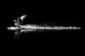 A black and white photo of a waterbird with wings outstretched, landing or taking off on rippling water, creating a splash against a dark, minimalist background.