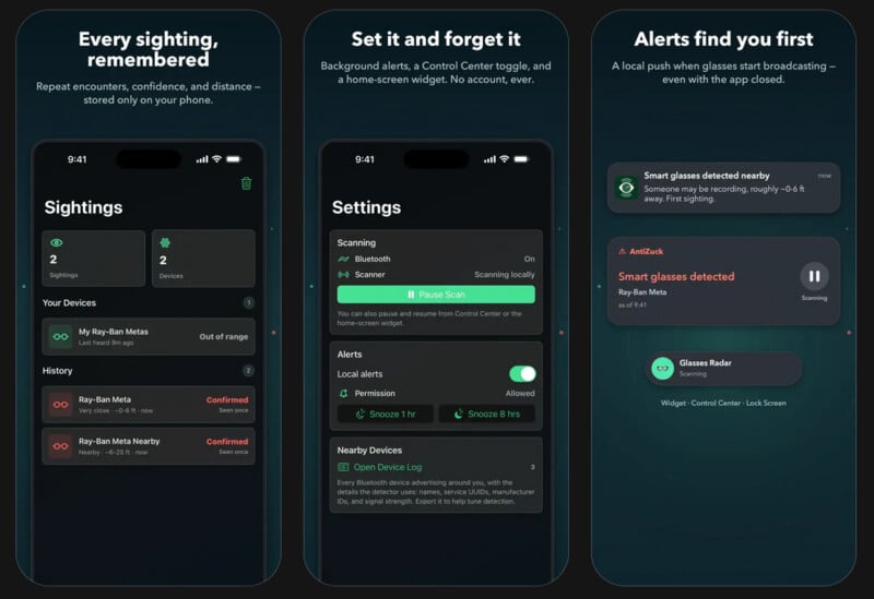 Three phone screens show an app interface for detecting smart glasses, displaying sightings, settings with scanning options, and alerts for nearby devices. Dark theme with green highlights and toggle switches.