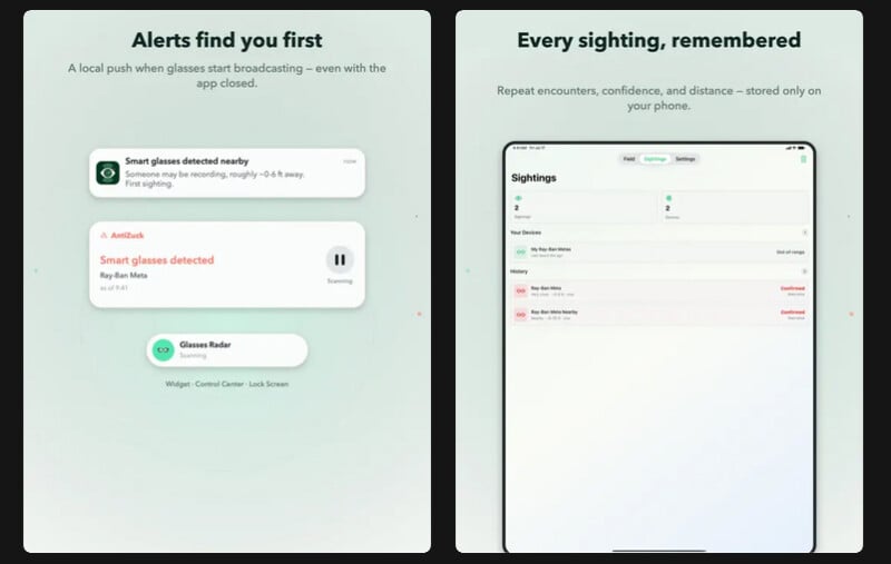 A phone displays alerts about detected smart glasses nearby; a tablet shows a list of tracked sightings, including location, time, and device details, on a light green interface.