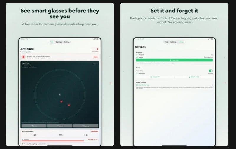 Two tablet screens: the left shows a radar detecting smart glasses nearby; the right displays settings for alerts, scanning options, and recent devices. Text above highlights privacy protection by detecting camera glasses.