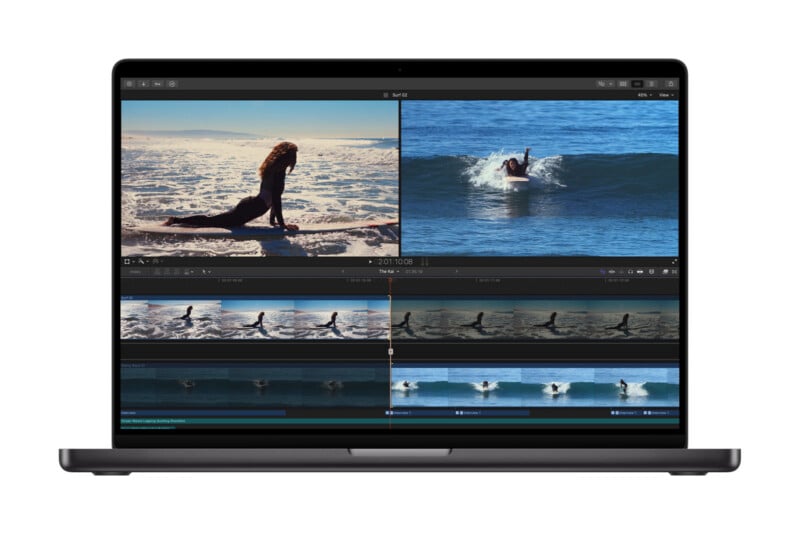 A black laptop displaying video editing software with several clips of a person surfing and sitting on a surfboard in the ocean. Multiple video timelines and preview windows are visible on the screen.