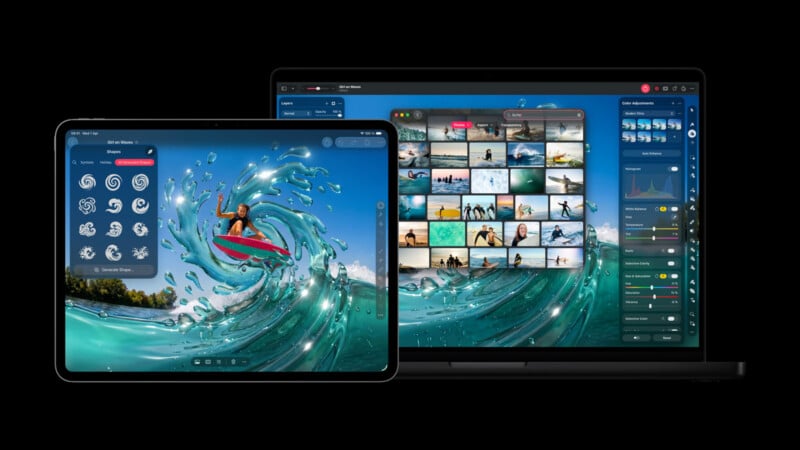 A tablet and a laptop display photo editing software. The tablet shows editing tools over an image of a surfer inside a wave, while the laptop displays a gallery of surfing photos and detailed adjustment sliders.