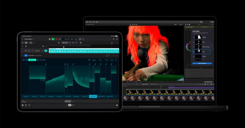 An iPad and a MacBook are shown side by side. The iPad displays an audio editing interface, while the MacBook shows a video editing program with a highlighted subject and timeline. Both screens are against a black background.