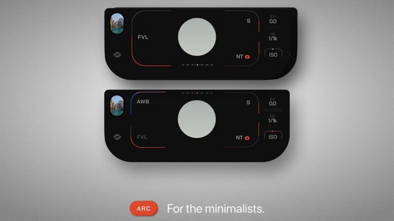 Two sleek, black, minimalist camera interface designs are shown on a gray background. Text below reads, "ARC For the minimalists." The top interface has labels like S, EV, NT, ISO; the lower has AWB, FVL, and other camera settings.