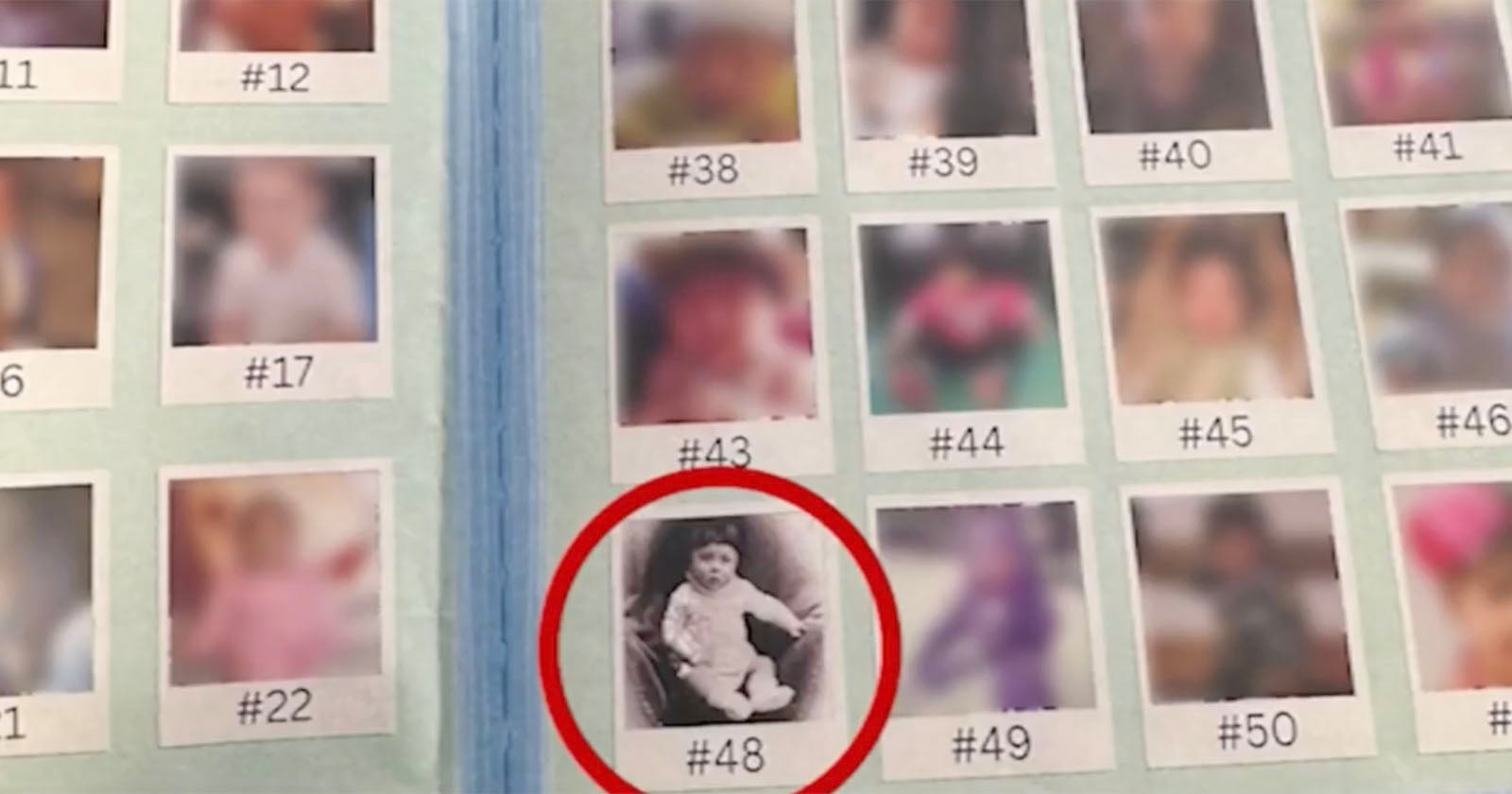 A photo album page displays several small, blurred portraits labeled with numbers. One black-and-white baby photo, labeled #48, is circled in red, drawing attention to it among the surrounding color images.