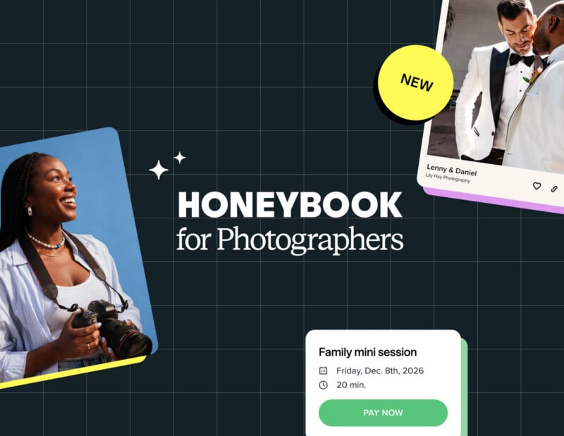 HoneyBook for Photographers promo with a smiling woman holding a camera, a couple's wedding photo labeled "NEW," and a "Family mini session" booking card with a green "PAY NOW" button.