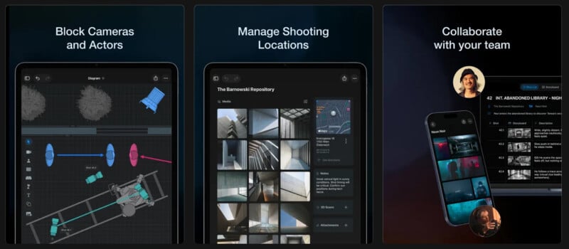 Three side-by-side panels show a film production app interface for blocking scenes, managing location photos and maps, and collaborating on shot lists.