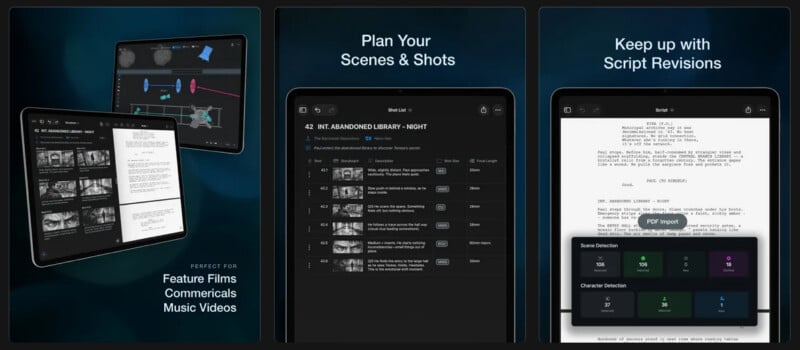 Three tablet screens display a film production app featuring storyboard layouts, shot lists, and script revision tools.