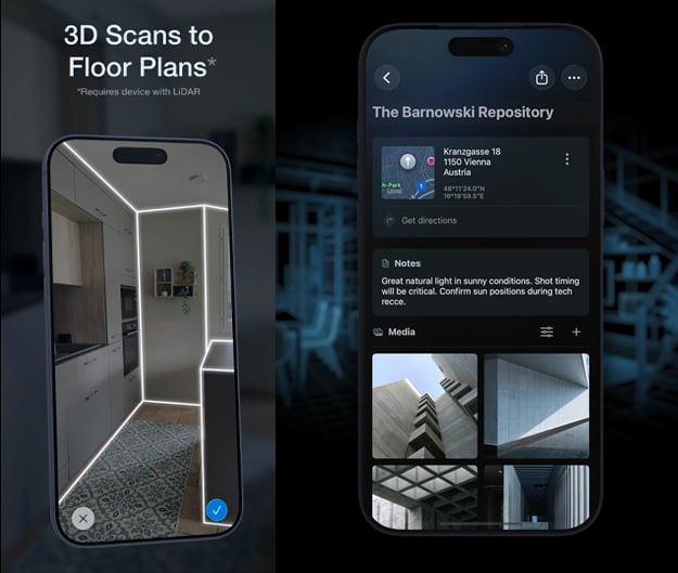 Two smartphone screens side-by-side showing a 3D scanning interface on the left and a location details page with notes and photos on the right.