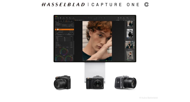 A computer monitor displays photo editing software with a portrait of a young man. Below the monitor are three different Hasselblad cameras, and above is the text “Hasselblad Capture One.”.