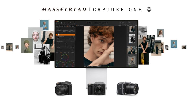 A computer monitor displays photo editing software with a portrait of a young man. Surrounding the monitor are various portrait photos, and below it are three Hasselblad cameras. The text reads 