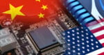 A computer chip and circuit board overlaid with the Chinese and U.S. flags, symbolizing technology competition or trade relations between China and the United States.