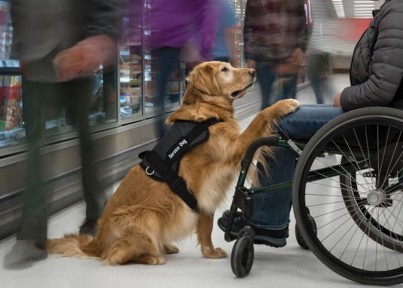 A golden retriever wearing a service dog vest rests its front paws on a person in a wheelchair in a grocery store, with blurred shoppers walking by.