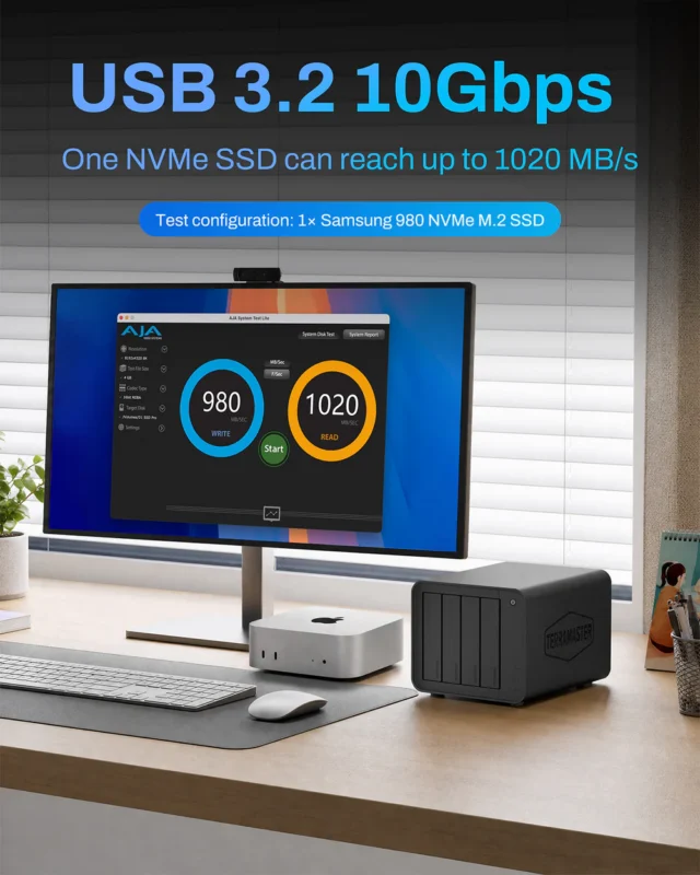A desktop setup with a monitor showing SSD speed test results, a small computer, and a TerraMaster storage device. Text highlights USB 3.2 10Gbps speed and a Samsung 980 NVMe M.2 SSD with read/write speeds around 1020/980 MB/s.