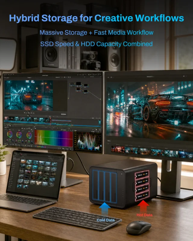 A desktop setup with a hybrid storage device, two monitors displaying car scenes and editing software, a keyboard, and a tablet. Blue and red lights on the storage unit indicate cold and hot data.