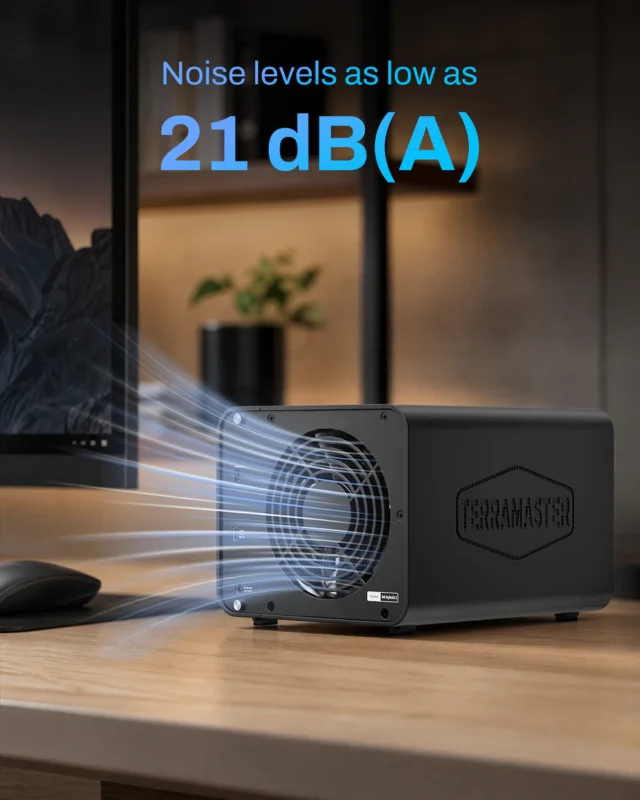 A TerraMaster device on a desk emits blue lines illustrating airflow, with text above stating, "Noise levels as low as 21 dB(A).