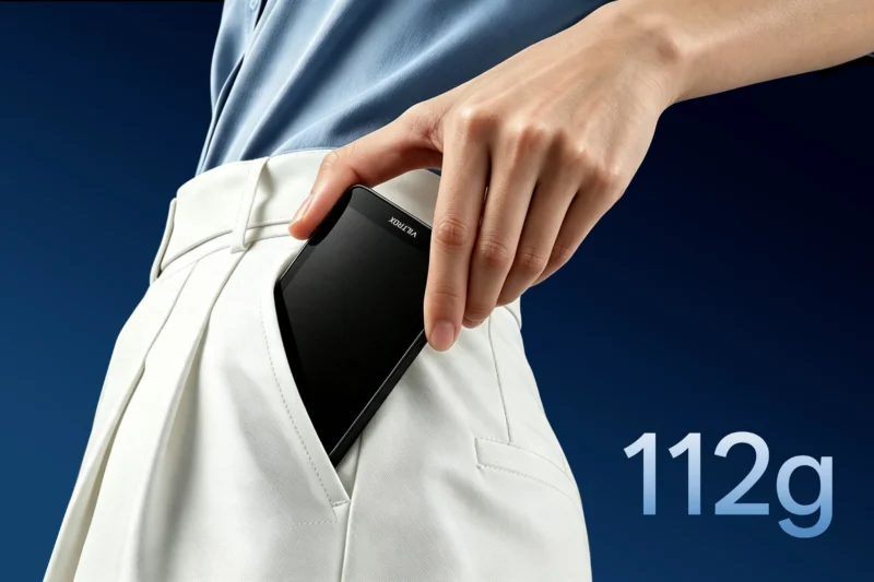 A person's hand places a black rectangular device labeled "VILTROX" into the pocket of white trousers, with the text "112g" displayed in the lower right corner.