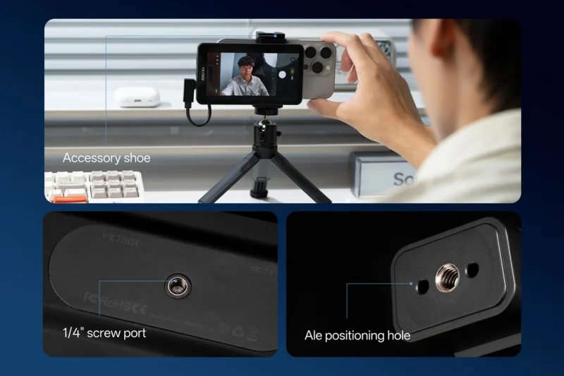 A composite image showing a Viltrox monitor mounted on a tripod with a smartphone, a 1/4" screw port, and an Arri positioning hole.