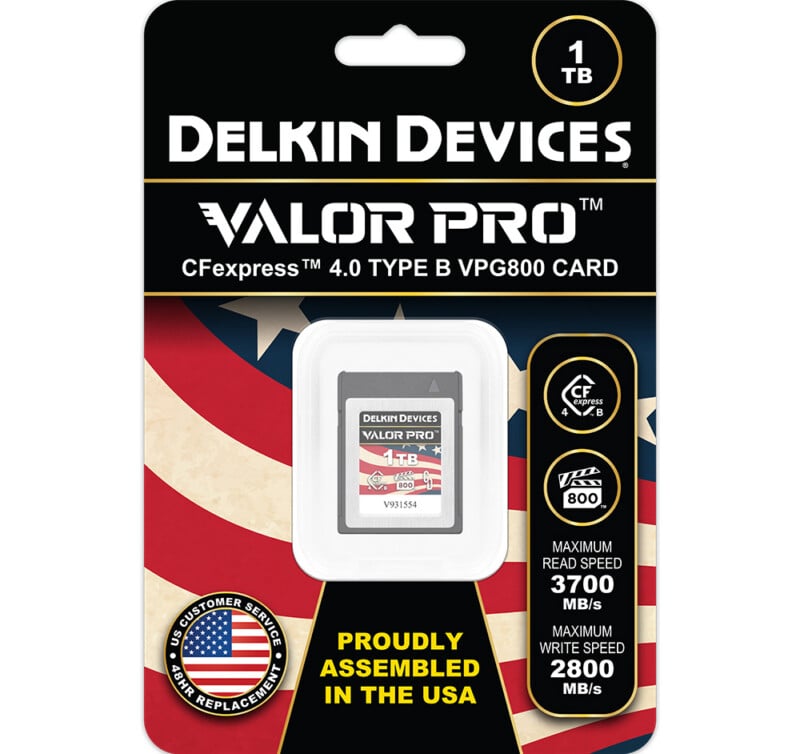 Product packaging for a Delkin Devices Valor Pro CFexpress 4.0 Type B VPG800 memory card, 1TB capacity. The package highlights read speeds up to 3700MB/s and write speeds up to 2800MB/s, assembled in the USA.