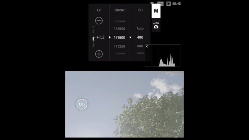 A smartphone camera interface in manual mode displays settings for EV at +1.3, shutter speed at 1/1600, and ISO at 400.