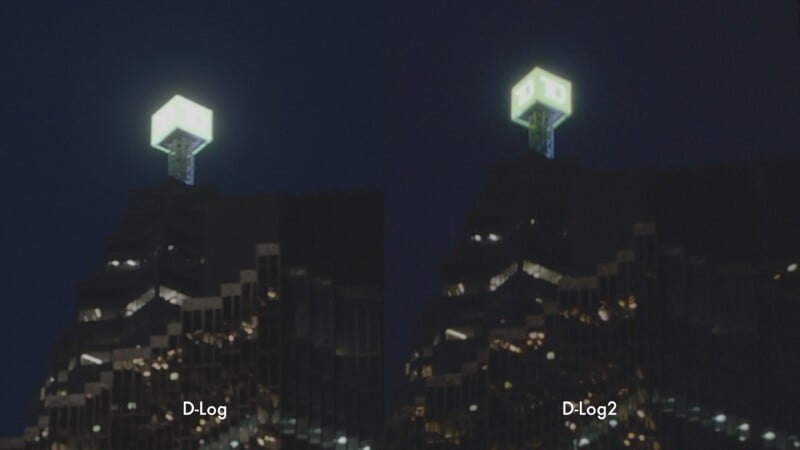 A side-by-side comparison of a building at night, labeled D-Log on the left and D-Log2 on the right.
