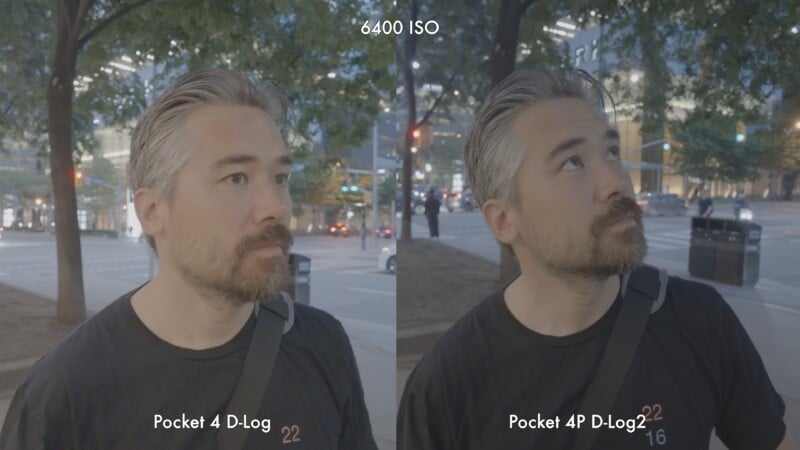 A split-screen comparison shows a man in a black t-shirt at 6400 ISO, labeled "Pocket 4 D-Log" on the left and "Pocket 4P D-Log2" on the right.