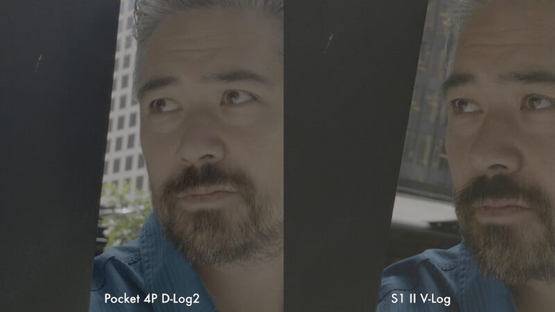 A split-screen comparison shows a man's face in two different log color profiles, labeled "Pocket 4P D-Log2" on the left and "S1 II V-Log" on the right.