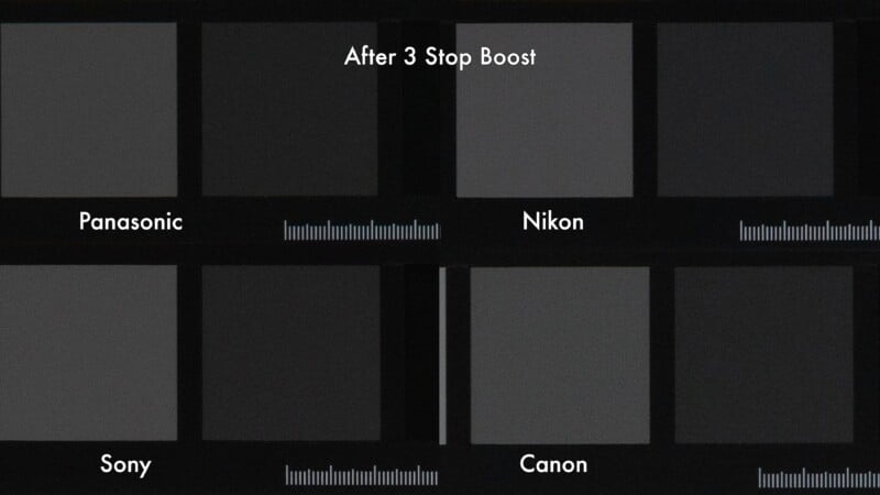 Four camera brands—Panasonic, Nikon, Sony, and Canon—showcase varying gray squares in a test labeled "After 3 Stop Boost," comparing image quality or exposure performance.