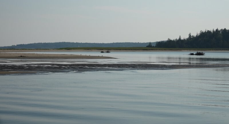 A calm, shallow river flows past sandy banks and grassy islands, with a forested shoreline and distant hills under a hazy blue sky.