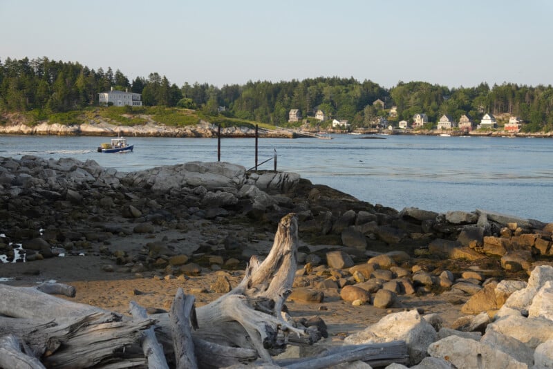 A rocky shoreline with driftwood in the foreground, a small boat on the water, and houses and trees lining the opposite shore under a clear sky.