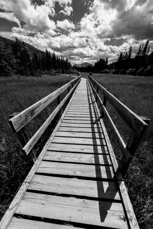 A wooden footbridge stretches into the distance over grassy wetlands, surrounded by trees and mountains under a dramatic, cloudy sky in black and white.