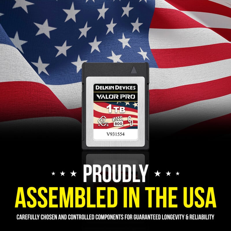 A Delkin Devices Valor Pro 1TB memory card is displayed in front of a waving American flag with the text "Proudly Assembled in the USA" below and additional details about quality and longevity in smaller print.