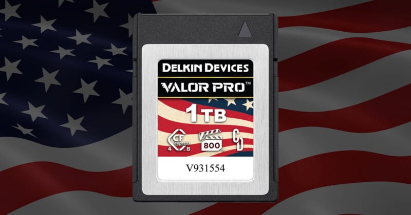 A Delkin Devices VALOR PRO 1TB CFexpress memory card with an American flag background; the card features icons for CFexpress, VPG 800, and a unique serial number V931554.