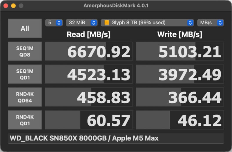 A disk benchmark shows sequential read/write speeds of 6670.92/5103.21 MB/s and random read/write speeds of 458.83/366.44 MB/s for a WD_BLACK SN850X 8TB on an Apple M5 Max system.