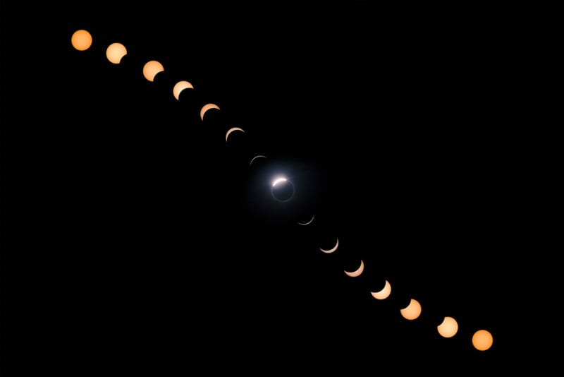 A sequence of images shows the stages of a solar eclipse, from partial coverage to totality with a bright corona, then back to partial as the moon moves away, all set against a black sky.