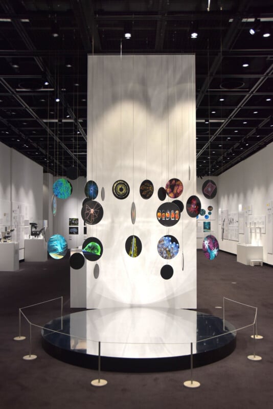 A circular, reflective platform sits in front of a white wall displaying numerous circular, colorful scientific images suspended by thin wires in a gallery space.