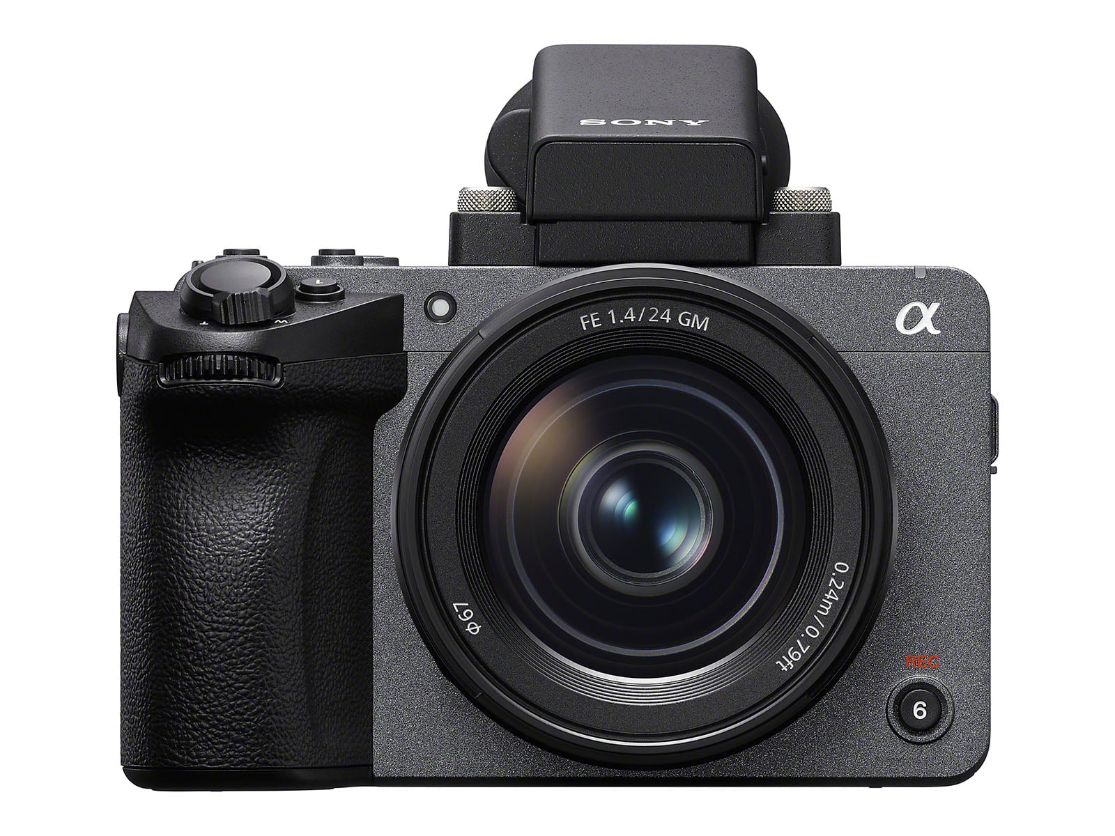 Front view of a Sony mirrorless digital camera with a prominent lens and electronic viewfinder, featuring control buttons and dials on the top and grip.