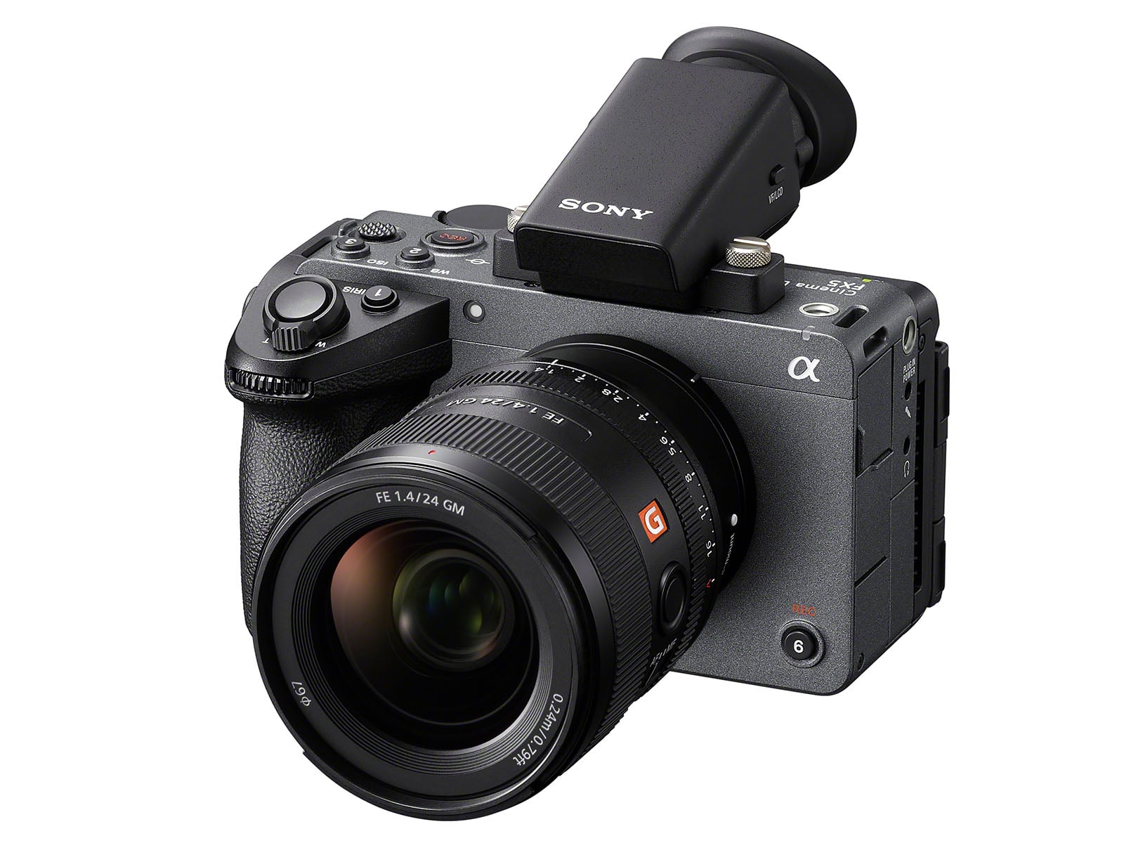 A Sony Alpha mirrorless camera with a large lens and an electronic viewfinder attachment, shown at an angle on a white background.