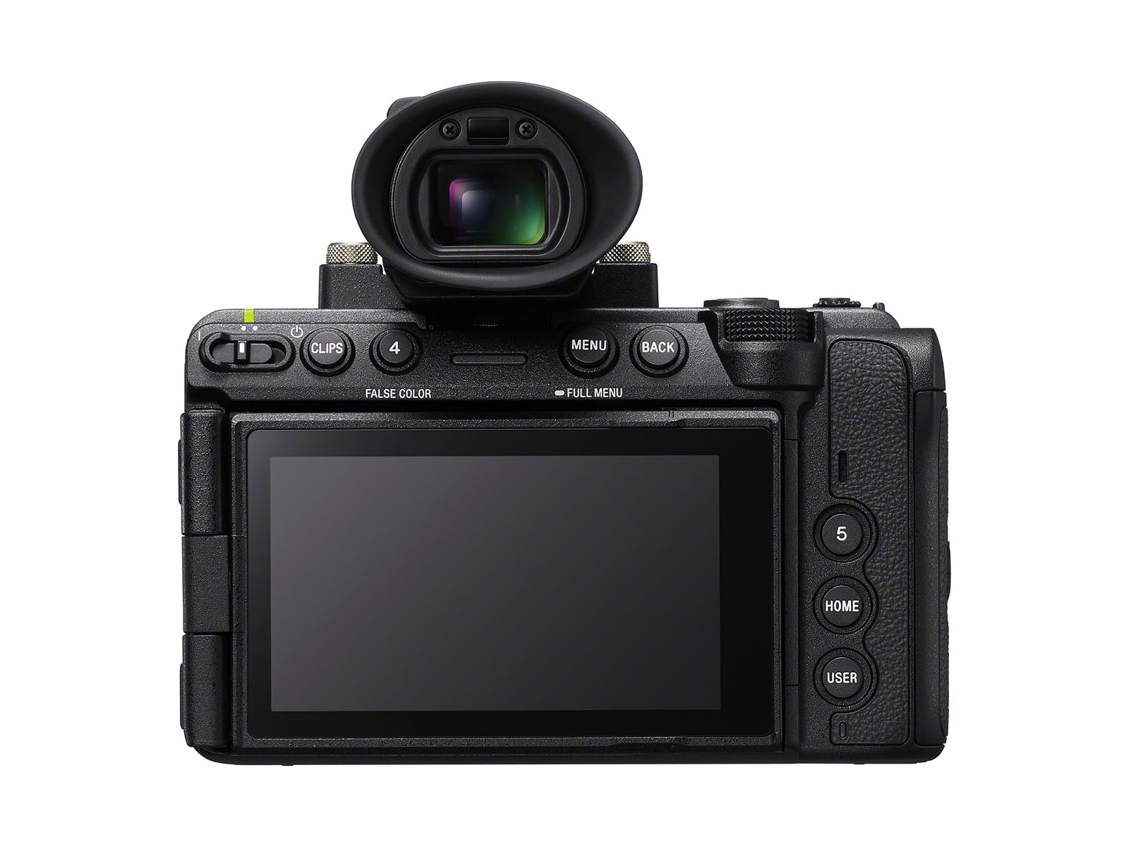 A digital camera viewed from the back, showing its display screen, viewfinder, and various control buttons including menu, home, and user buttons.