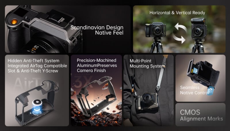 Collage showing camera accessories: anti-theft system, tripod mounts, and camera plates. Features listed include Scandinavian design, AirTag compatibility, and alignment marks. Cameras shown horizontally, vertically, and worn on a strap.
