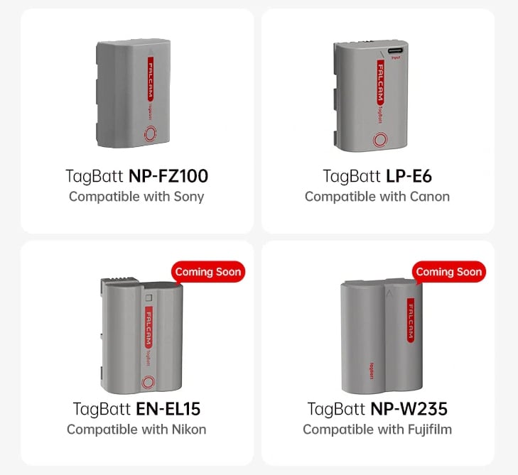 Four camera batteries labeled TagBatt for Sony, Canon, Nikon, and Fujifilm. Two batteries, EN-EL15 and NP-W235, have "Coming Soon" tags. Each is gray with a red stripe and product code.