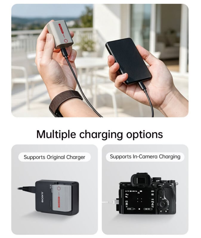 A person charges a camera battery with a power bank. Below, two images show the battery in an external Sony charger and inside a camera using a USB cable. Text: "Multiple charging options.