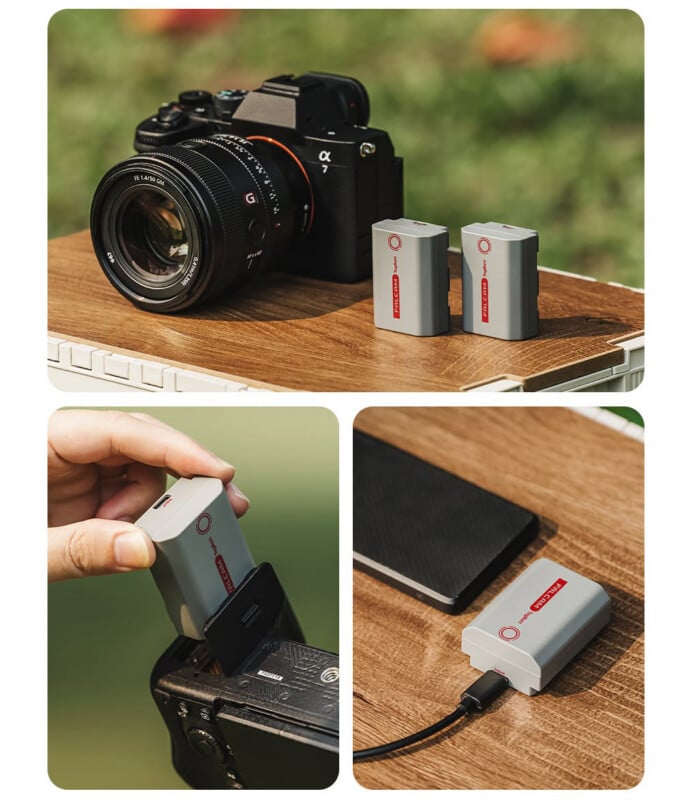A digital camera and two batteries on a table, one image shows a hand inserting a battery into the camera, and another shows a battery being charged via USB.