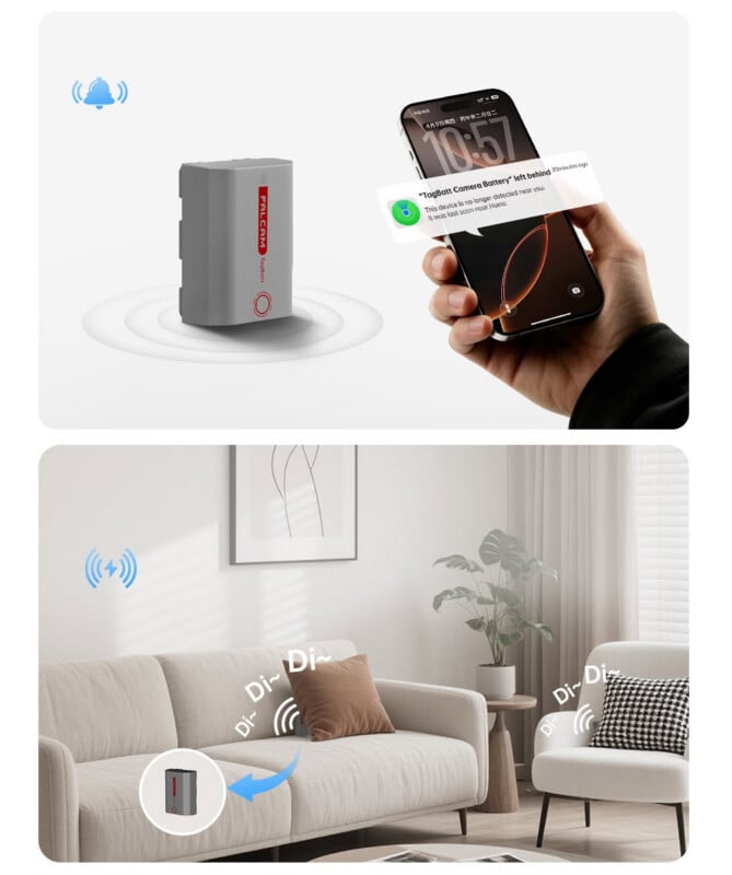 A person receives a detection alert on their smartphone. In a living room, a device on a table emits signals, indicating it has detected something and sent a notification.